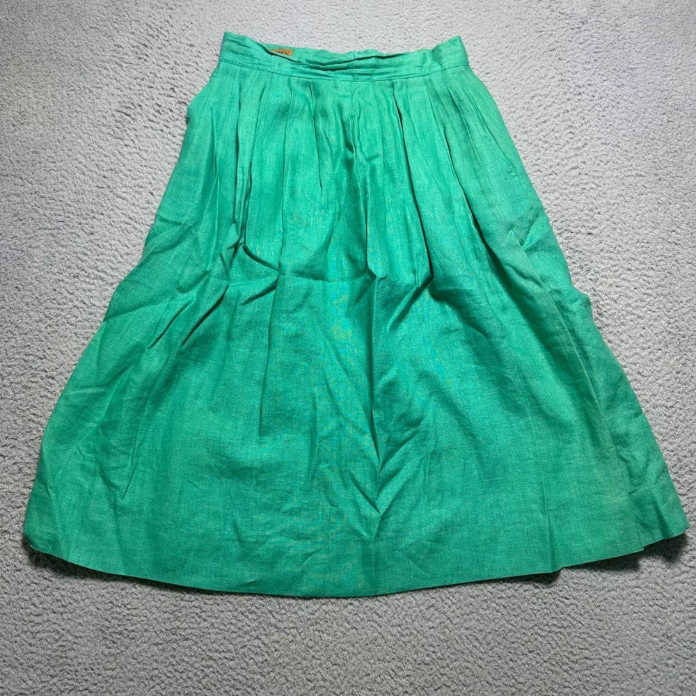 Vintage Ruff Hewn Womens Green Pleated Midi Skirt Size 8 High Waist A Line USA